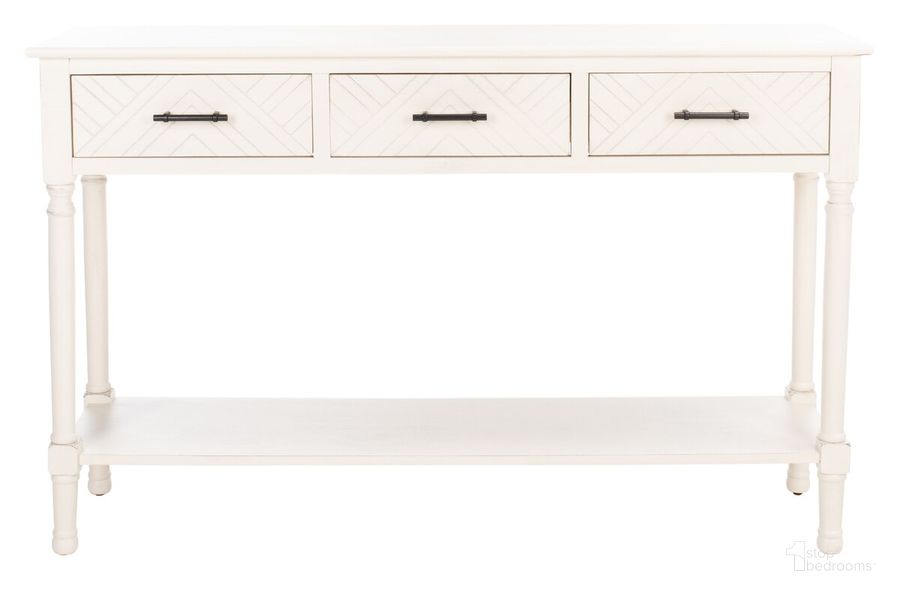 The appearance of Peyton 3 Drawer Console Table in Distressed White designed by Safavieh in the modern / contemporary interior design. This distressed white piece of furniture  was selected by 1StopBedrooms from Peyton Collection to add a touch of cosiness and style into your home. Sku: CNS5705A. Material: Wood. Product Type: Console Table. Image1