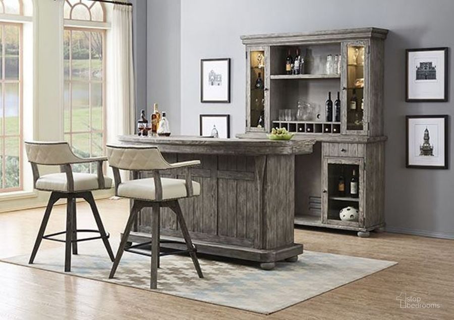 The appearance of PGA Distressed Gray Deluxe Bar Set designed by ECI in the transitional interior design. This gray piece of furniture  was selected by 1StopBedrooms from  to add a touch of cosiness and style into your home. Sku: 0921-95-B;0921-95-T;0921-95-SBS. Material: Wood. Product Type: Bar Set. Image1