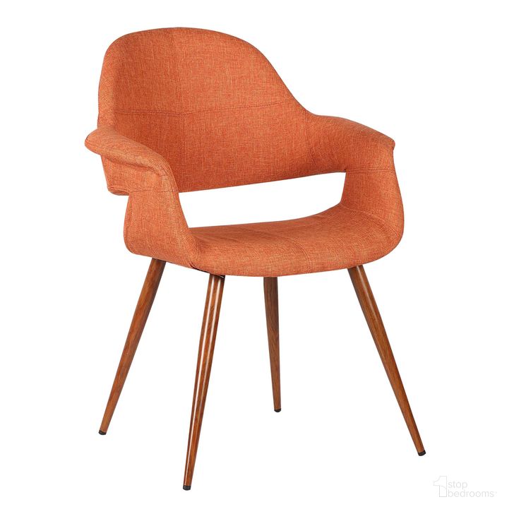 The appearance of Phoebe Mid-Century Dining Chair In Walnut Finish and Orange Fabric designed by Armen Living in the transitional interior design. This orange piece of furniture  was selected by 1StopBedrooms from Phoebe Collection to add a touch of cosiness and style into your home. Sku: LCPHSIWAOR. Material: Wood. Product Type: Dining Chair. Image1