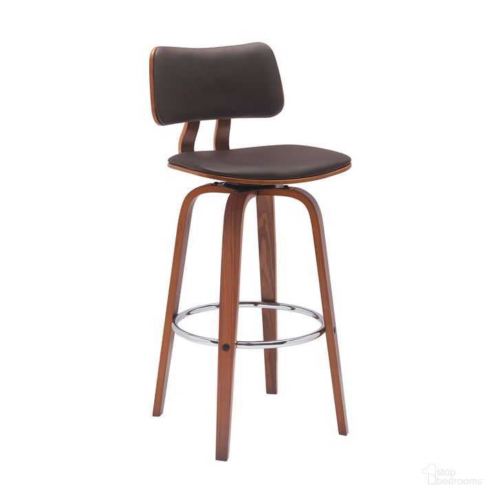 The appearance of Pico 30 Inch Swivel Walnut Wood Bar Stool In Brown Faux Leather with Chrome designed by Armen Living in the modern / contemporary interior design. This brown piece of furniture  was selected by 1StopBedrooms from Pico Collection to add a touch of cosiness and style into your home. Sku: LCPIBAWABR30. Material: Faux Leather. Product Type: Barstool. Image1
