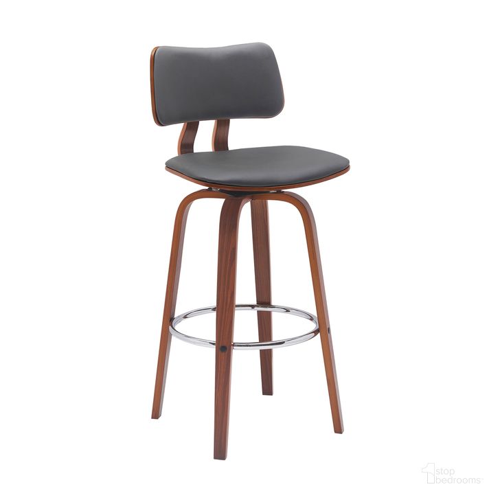 The appearance of Pico 30 Inch Swivel Walnut Wood Bar Stool In Gray Faux Leather with Chrome designed by Armen Living in the modern / contemporary interior design. This dark gray piece of furniture  was selected by 1StopBedrooms from Pico Collection to add a touch of cosiness and style into your home. Sku: LCPIBAWAGRY30. Material: Faux Leather. Product Type: Barstool. Image1