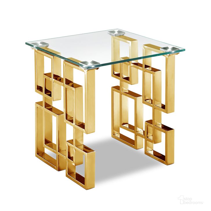 The appearance of Pierre End Table In Gold designed by Meridian in the modern / contemporary interior design. This gold piece of furniture  was selected by 1StopBedrooms from Pierre Collection to add a touch of cosiness and style into your home. Sku: 214-E. Product Type: End Table. Material: Stainless Steel. Image1