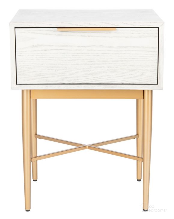 The appearance of Pierre One Drawer Nightstand in Gold NST6400B designed by Safavieh in the modern / contemporary interior design. This washed white piece of furniture  was selected by 1StopBedrooms from Pierre Collection to add a touch of cosiness and style into your home. Sku: NST6400B. Material: Wood. Product Type: Nightstand. Image1