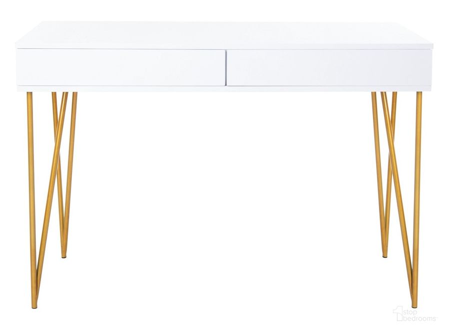 The appearance of Pine White and Gold Two Drawer Desk designed by Safavieh in the modern / contemporary interior design. This white and gold piece of furniture  was selected by 1StopBedrooms from Pine Collection to add a touch of cosiness and style into your home. Sku: FOX2238C. Product Type: Desk. Material: Iron. Image1
