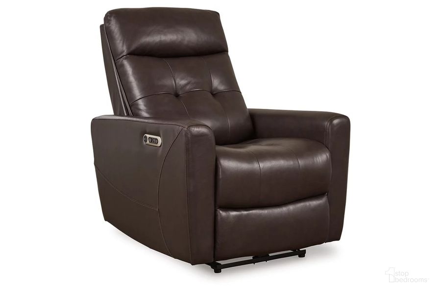 The appearance of Pisgham Power Recliner In Chocolate designed by Signature Design by Ashley in the modern / contemporary interior design. This chocolate piece of furniture  was selected by 1StopBedrooms from Pisgham Collection to add a touch of cosiness and style into your home. Sku: U1050013. Product Type: Recliner. Material: Leather Match. Image1