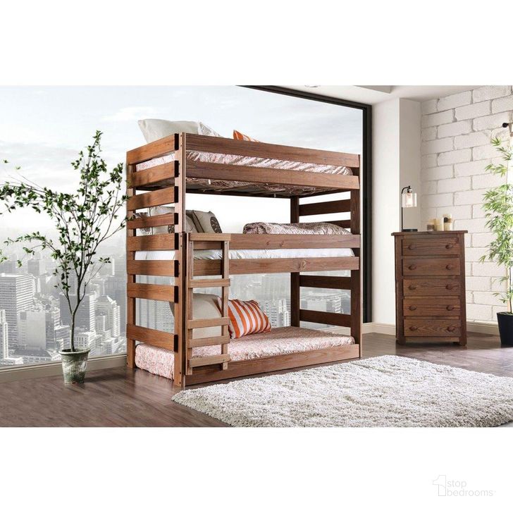 The appearance of Pollyanna Twin Over Twin Over Twin Bed With 3 Slat Kits In Mahogany designed by Furniture of America in the rustic / southwestern interior design. This mahogany piece of furniture  was selected by 1StopBedrooms from Pollyanna Collection to add a touch of cosiness and style into your home. Sku: AM-BK500-1;AM-BK500-2;AM-BK500-3;AM-BK500-4;AM-BK500-5;AM-BK500-6;AM-SL109-T. Bed Type: Bunk Bed. Material: Wood. Product Type: Bunk Bed. Bed Size: Twin Over Twin.
