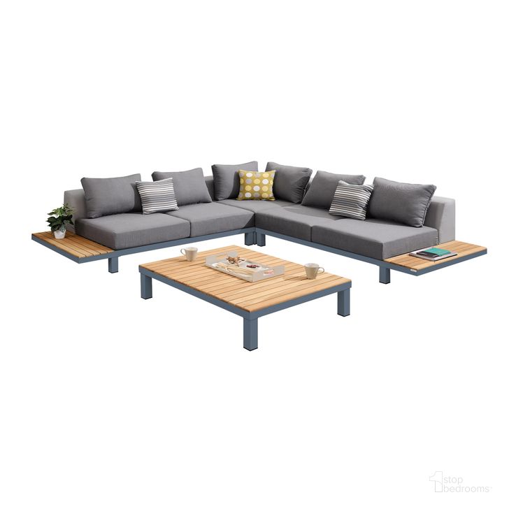 The appearance of Polo 4-Piece Outdoor Sectional Set with Dark Gray Cushions and Modern Accent Pillows designed by Armen Living in the modern / contemporary interior design. This dark gray piece of furniture  was selected by 1StopBedrooms from Polo Collection to add a touch of cosiness and style into your home. Sku: SETODPO4SE;SETODPO4SEBOX2;SETODPO4SEBOX3;SETODPO4SEBOX4. Material: Aluminum. Product Type: Outdoor Set. Layout: L-Shape. Image1