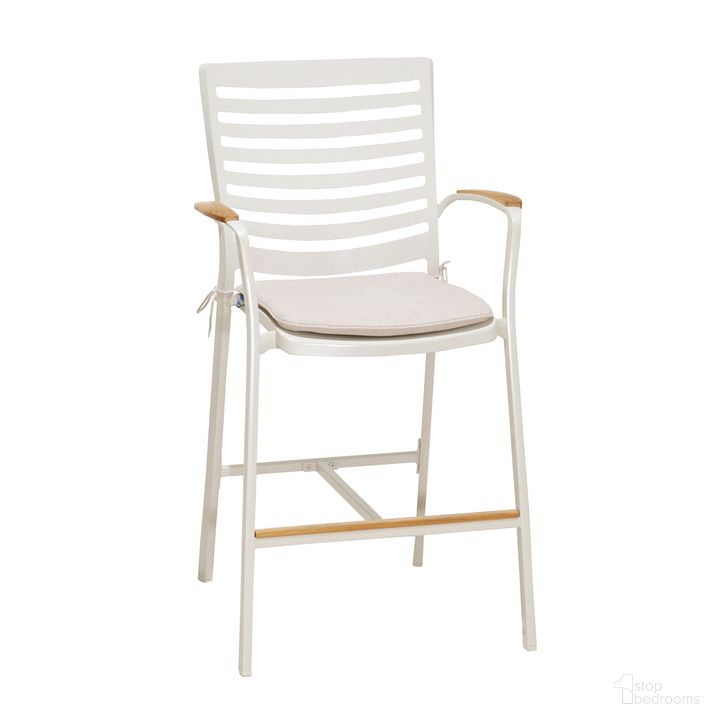 The appearance of Portals Outdoor Patio Aluminum Barstool In Light Matte Sand with Natural Teak Wood Accent designed by Armen Living in the modern / contemporary interior design. This beige piece of furniture  was selected by 1StopBedrooms from Portals Collection to add a touch of cosiness and style into your home. Sku: LCPLBAWH. Material: Aluminum. Product Type: Outdoor Bar Furniture. Image1