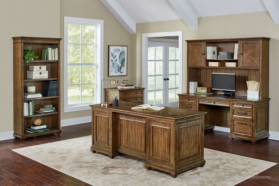 The appearance of Porter Double Pedestal Executive Home Office Set In Brown designed by Martin Furniture in the transitional interior design. This brown piece of furniture  was selected by 1StopBedrooms from Porter Collection to add a touch of cosiness and style into your home. Sku: IMPR680;IMPR450. Material: Wood. Product Type: Home Office Set. Image1