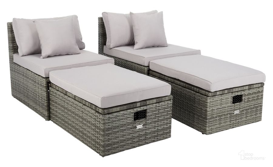 The appearance of Pramla Outdoor Sette with Ottoman in Grey and Grey designed by Safavieh in the modern / contemporary interior design. This grey and grey piece of furniture  was selected by 1StopBedrooms from Pramla Collection to add a touch of cosiness and style into your home. Sku: PAT7515B. Material: Steel. Product Type: Outdoor Set. Image1