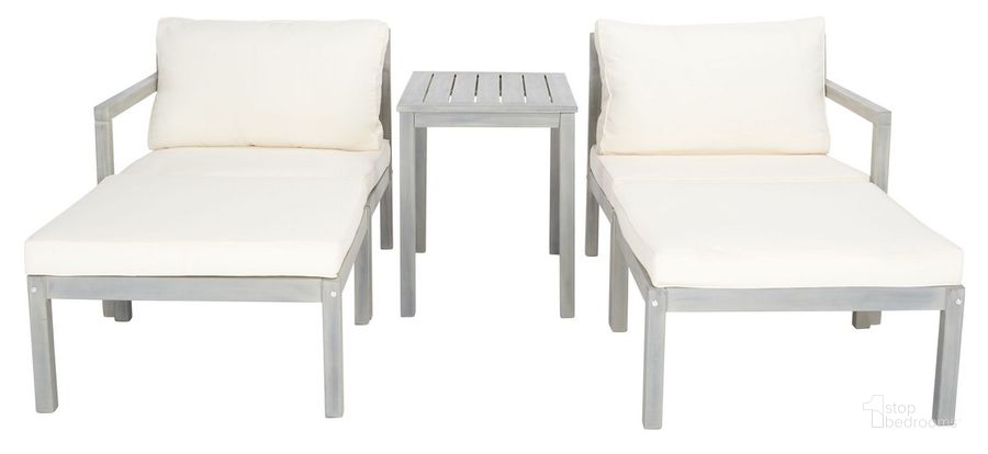 The appearance of Pratia 5Pc Outdoor Set in Grey designed by Safavieh in the modern / contemporary interior design. This grey piece of furniture  was selected by 1StopBedrooms from Pratia Collection to add a touch of cosiness and style into your home. Sku: PAT6759C. Material: Wood. Product Type: Outdoor Set. Image1