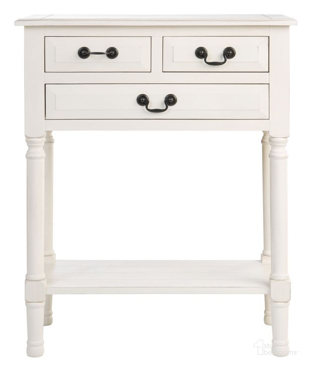 The appearance of Primrose 3 Drawer Console Table in Distressed White designed by Safavieh in the modern / contemporary interior design. This distressed white piece of furniture  was selected by 1StopBedrooms from Primrose Collection to add a touch of cosiness and style into your home. Sku: CNS5707A. Material: Wood. Product Type: Console Table. Image1