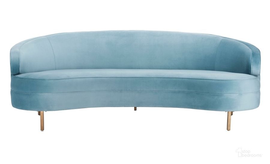 The appearance of Primrose Curved Sofa In Light Blue designed by Safavieh Couture in the modern / contemporary interior design. This light blue piece of furniture  was selected by 1StopBedrooms from Primrose Collection to add a touch of cosiness and style into your home. Sku: SFV4715B. Material: Wood. Product Type: Sofa. Image1