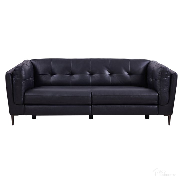The appearance of Primrose Contemporary Sofa In Dark Metal Finish and Navy Genuine Leather designed by Armen Living in the modern / contemporary interior design. This navy piece of furniture  was selected by 1StopBedrooms from Primrose Collection to add a touch of cosiness and style into your home. Sku: LCPR3NV. Material: Wood. Product Type: Sofa. Image1