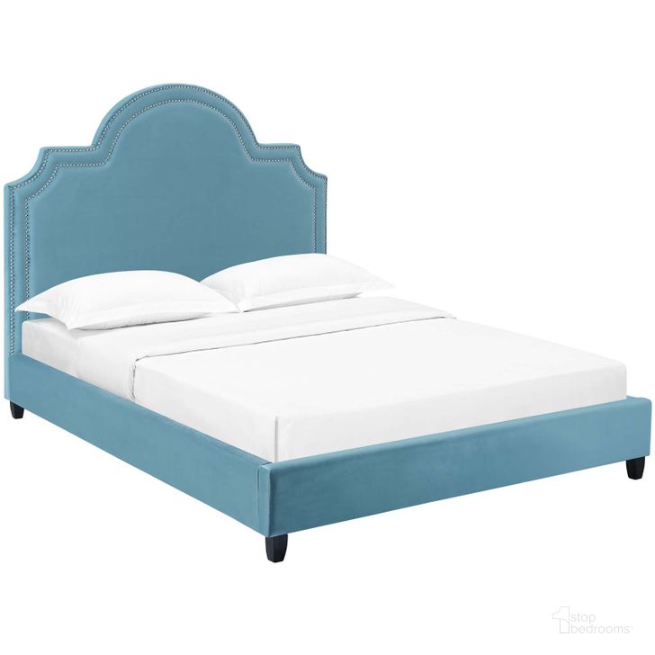 The appearance of Primrose Sea Blue Queen Performance Velvet Platform Bed designed by Modway in the modern / contemporary interior design. This sea blue piece of furniture  was selected by 1StopBedrooms from Primrose Collection to add a touch of cosiness and style into your home. Sku: MOD-5812-SEA. Bed Type: Platform Bed. Material: Wood. Product Type: Platform Bed. Bed Size: Queen. Image1