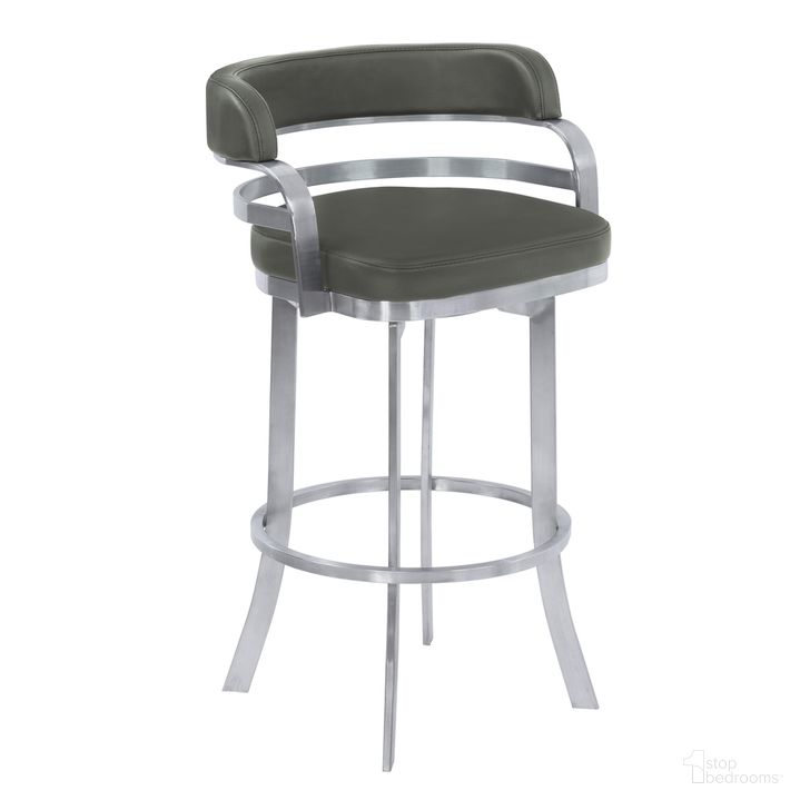 The appearance of Prinz 26 Inch Counter Height Swivel Gray Faux Leather and Brushed Stainless Steel Bar Stool designed by Armen Living in the modern / contemporary interior design. This gray piece of furniture  was selected by 1StopBedrooms from Prinz Collection to add a touch of cosiness and style into your home. Sku: LCPRBAGRBS26. Product Type: Barstool. Material: Stainless Steel. Image1