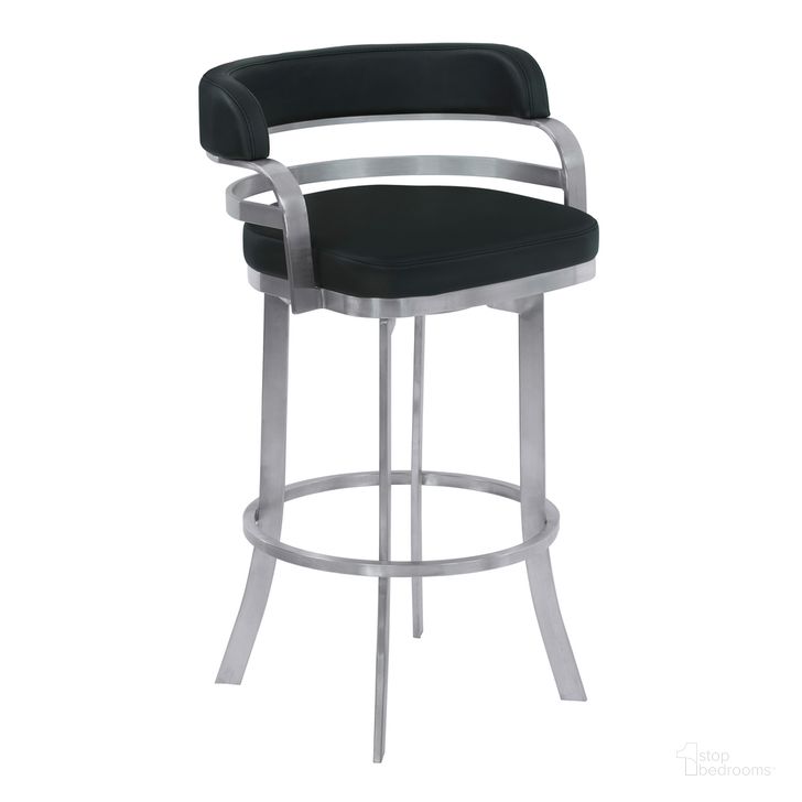 The appearance of Prinz 26 Inch Counter Height Swivel Black Faux Leather and Brushed Stainless Steel Bar Stool designed by Armen Living in the modern / contemporary interior design. This black piece of furniture  was selected by 1StopBedrooms from Prinz Collection to add a touch of cosiness and style into your home. Sku: LCPRBABLBS26. Product Type: Barstool. Material: Stainless Steel. Image1