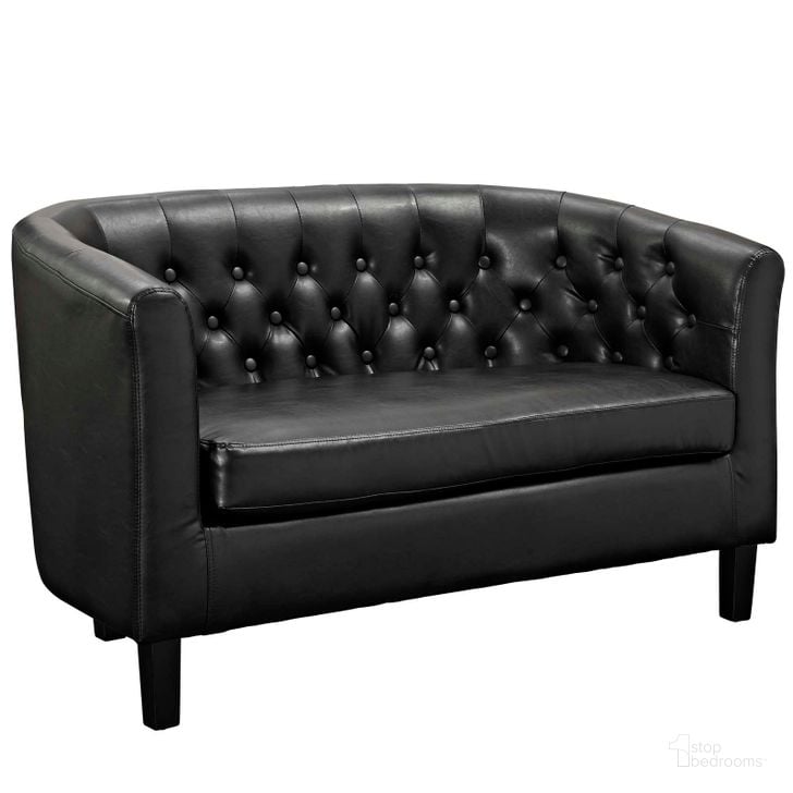 The appearance of Prospect Black Upholstered Vinyl Loveseat designed by Modway in the modern / contemporary interior design. This black piece of furniture  was selected by 1StopBedrooms from Prospect Collection to add a touch of cosiness and style into your home. Sku: EEI-1043-BLK. Product Type: Loveseat. Material: Pine. Image1