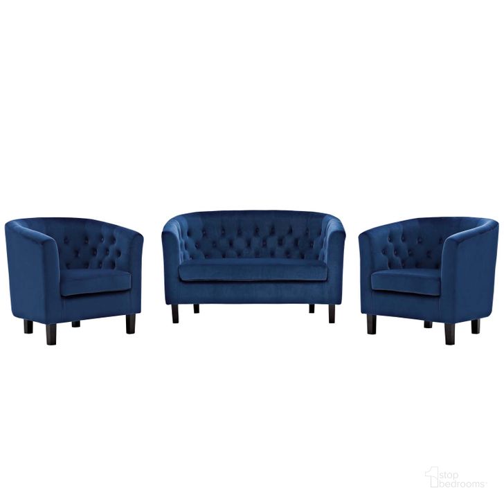 The appearance of Prospect Navy 3 Piece Performance Velvet Loveseat and Arm Chair Set designed by Modway in the modern / contemporary interior design. This navy piece of furniture  was selected by 1StopBedrooms from Prospect Collection to add a touch of cosiness and style into your home. Sku: EEI-3152-NAV-SET. Material: Wood. Product Type: Living Room Chair. Image1
