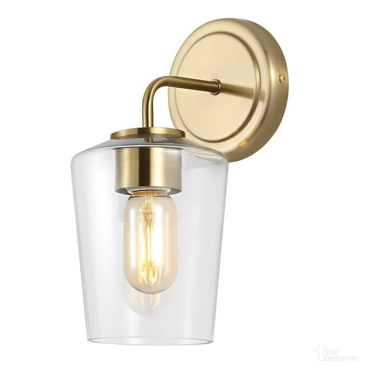 The appearance of Prospect Wall Sconce in Brass designed by Safavieh in the transitional interior design. This brass piece of furniture  was selected by 1StopBedrooms from Prospect Collection to add a touch of cosiness and style into your home. Sku: SCN4073A. Product Type: Wall Sconce. Image1