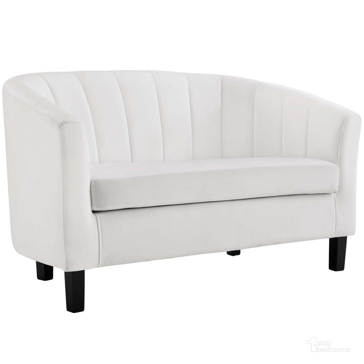 The appearance of Prospect White Channel Tufted Performance Velvet Loveseat designed by Modway in the modern / contemporary interior design. This white piece of furniture  was selected by 1StopBedrooms from Prospect Collection to add a touch of cosiness and style into your home. Sku: EEI-3137-WHI. Product Type: Loveseat. Material: Pine. Image1