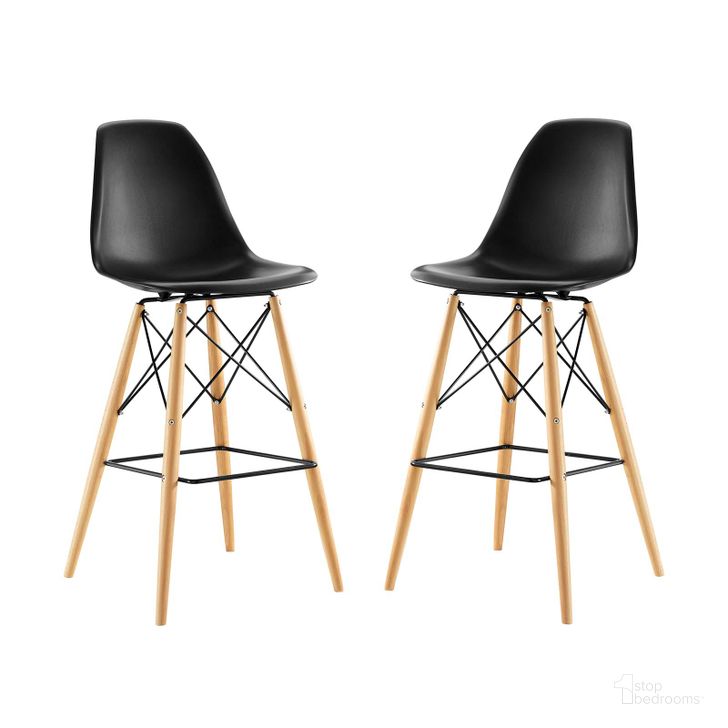 The appearance of Pyramid Black Dining Side Bar Stool Set of 2 designed by Modway in the modern / contemporary interior design. This black piece of furniture  was selected by 1StopBedrooms from Pyramid Collection to add a touch of cosiness and style into your home. Sku: EEI-2422-BLK-SET. Material: Wood. Product Type: Barstool. Image1