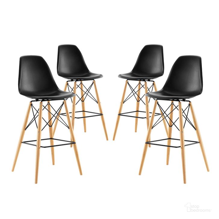 The appearance of Pyramid Black Dining Side Bar Stool Set of 4 designed by Modway in the modern / contemporary interior design. This black piece of furniture  was selected by 1StopBedrooms from Pyramid Collection to add a touch of cosiness and style into your home. Sku: EEI-2423-BLK-SET. Material: Wood. Product Type: Barstool. Image1