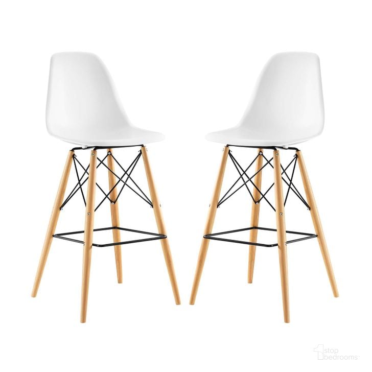 The appearance of Pyramid White Dining Side Bar Stool Set of 2 EEI-2422-WHI-SET designed by Modway in the modern / contemporary interior design. This white piece of furniture  was selected by 1StopBedrooms from Pyramid Collection to add a touch of cosiness and style into your home. Sku: EEI-2422-WHI-SET. Material: Wood. Product Type: Barstool. Image1