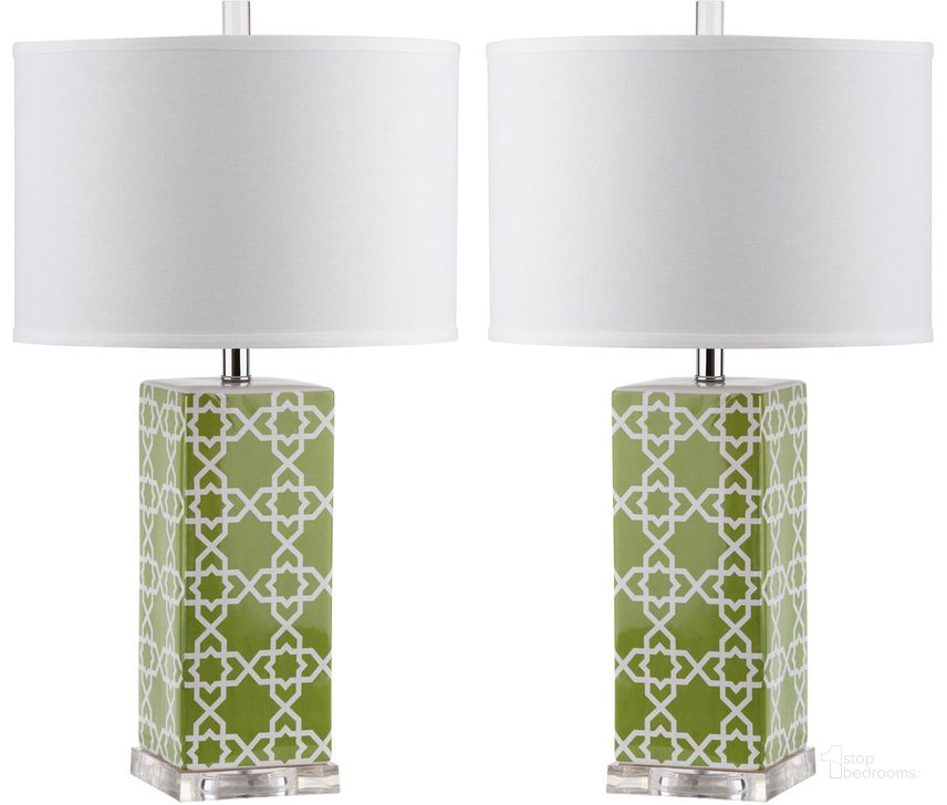 The appearance of Quatrefoil Green and Off-White 27 Inch Table Lamp Set of 2 designed by Safavieh in the modern / contemporary interior design. This green piece of furniture  was selected by 1StopBedrooms from Quatrefoil Collection to add a touch of cosiness and style into your home. Sku: LIT4133F-SET2. Product Type: Table Lamp. Image1