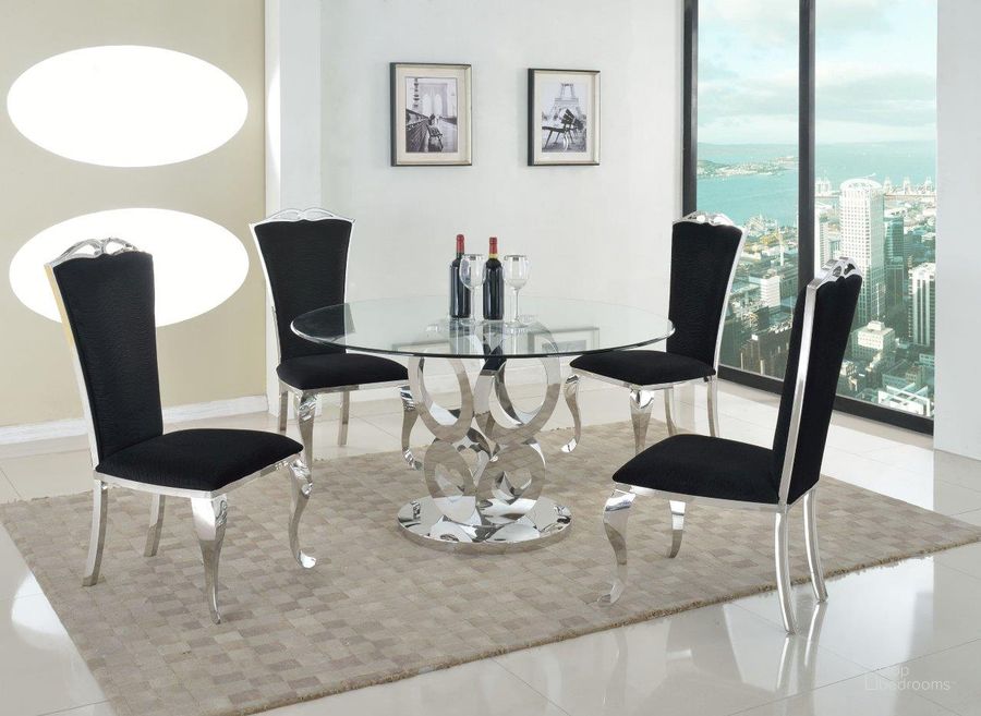 The appearance of Raegan Dining Set With Glass Table Top And 4 Tall back Side Chairs designed by Chintaly Imports in the modern / contemporary interior design. This  piece of furniture  was selected by 1StopBedrooms from Raegan Collection to add a touch of cosiness and style into your home. Sku: JAMIE-SC-BLK;RAEGAN-DT-T;RAEGAN-DT-B;RAEGAN-DT-M. Product Type: Dining Room Set.