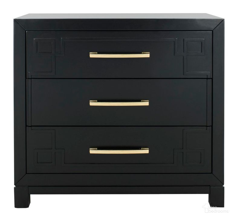 The appearance of Raina Black/Gold 3 Drawer Chest designed by Safavieh in the modern / contemporary interior design. This black and gold piece of furniture  was selected by 1StopBedrooms from Streep Collection to add a touch of cosiness and style into your home. Sku: CHS6412C. Product Type: Chest. Material: Brass. Image1