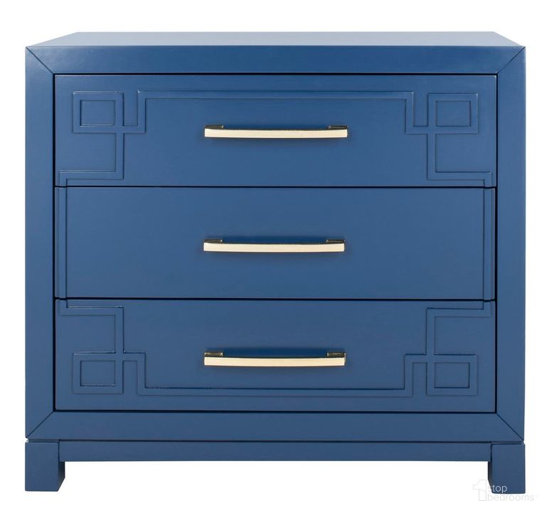 The appearance of Raina Lapis Blue/Gold 3 Drawer Chest designed by Safavieh in the modern / contemporary interior design. This gold piece of furniture  was selected by 1StopBedrooms from Streep Collection to add a touch of cosiness and style into your home. Sku: CHS6412B. Product Type: Chest. Material: Brass. Image1