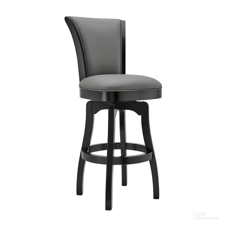 The appearance of Raleigh 26 Inch Counter Height Swivel Barstool In Black Finish and Gray Faux Leather designed by Armen Living in the transitional interior design. This gray piece of furniture  was selected by 1StopBedrooms from Raleigh Collection to add a touch of cosiness and style into your home. Sku: LCRABASIBLGR26. Material: Wood. Product Type: Barstool. Image1
