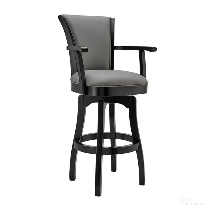 The appearance of Raleigh 26 Inch Counter Height Swivel Gray Faux Leather and Black Wood Arm Bar Stool designed by Armen Living in the modern / contemporary interior design. This gray piece of furniture  was selected by 1StopBedrooms from Raleigh Arm Collection to add a touch of cosiness and style into your home. Sku: LCRABAARBLGR26. Material: Wood. Product Type: Barstool. Image1