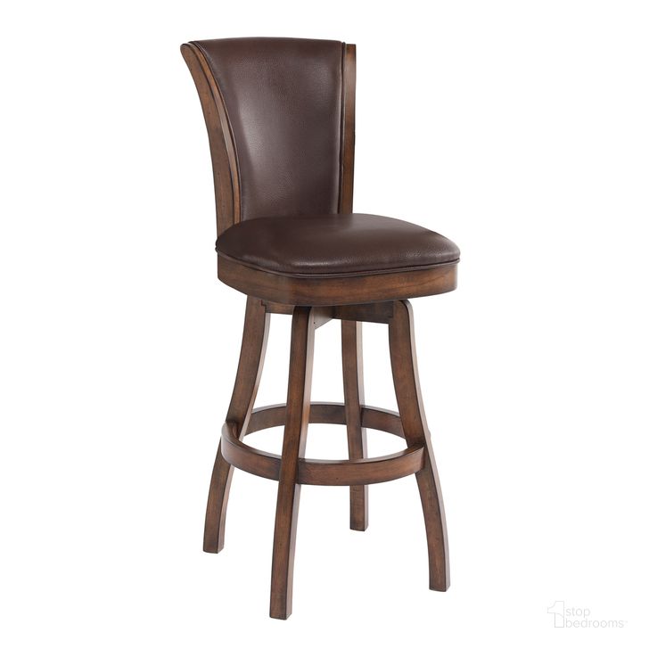 The appearance of Raleigh 26 Inch Counter Height Swivel Wood Barstool In Chestnut Finish and Kahlua Faux Leather designed by Armen Living in the transitional interior design. This chestnut piece of furniture  was selected by 1StopBedrooms from Raleigh Collection to add a touch of cosiness and style into your home. Sku: LCRABASIKACH26. Material: Wood. Product Type: Barstool. Image1