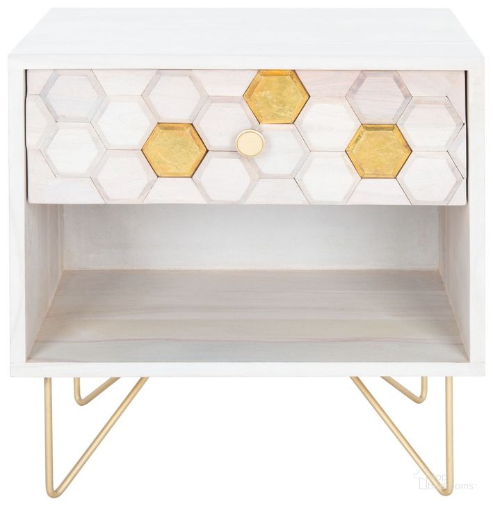 The appearance of Raveena Nightstand in White Wash NST9002C designed by Safavieh in the modern / contemporary interior design. This white and gold piece of furniture  was selected by 1StopBedrooms from Raveena Collection to add a touch of cosiness and style into your home. Sku: NST9002C. Material: Wood. Product Type: Nightstand. Image1