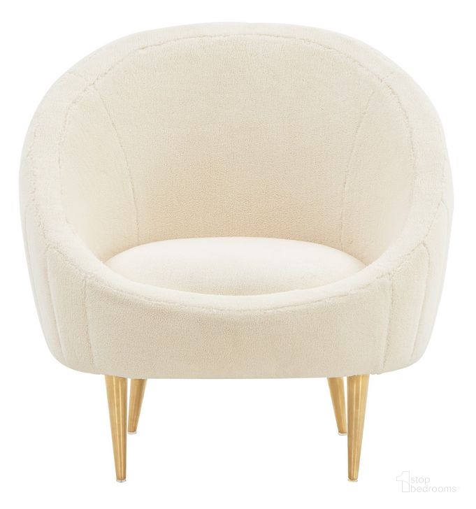 The appearance of Razia Channel Tufted Tub Chair In Ivory And Gold designed by Safavieh Couture in the modern / contemporary interior design. This ivory and gold piece of furniture  was selected by 1StopBedrooms from Razia Collection to add a touch of cosiness and style into your home. Sku: SFV4700F. Material: Wood. Product Type: Accent Chair. Image1