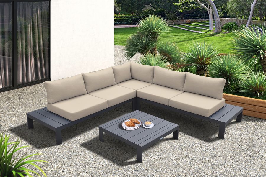 The appearance of Razor Outdoor 4-Piece Sectional Set In Dark Gray Finish and Taupe Cushions designed by Armen Living in the modern / contemporary interior design. This taupe piece of furniture  was selected by 1StopBedrooms from Razor Collection to add a touch of cosiness and style into your home. Sku: SETODRZTABX4;SETODRZTABX3;SETODRZTABX2;SETODRZTABX1. Material: Aluminum. Product Type: Outdoor Set. Image1