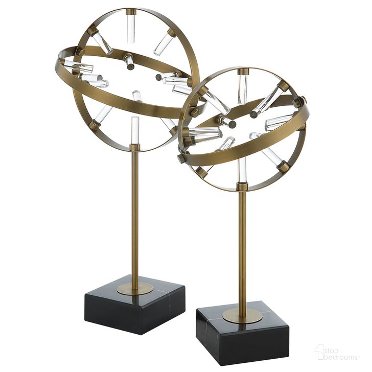 The appearance of Realm Spherical Sculptures Set of 2 In Brass designed by Uttermost in the  interior design. This brass piece of furniture  was selected by 1StopBedrooms from Realm Collection to add a touch of cosiness and style into your home. Sku: 18087. Material: Metal. Product Type: Sculpture. Image1