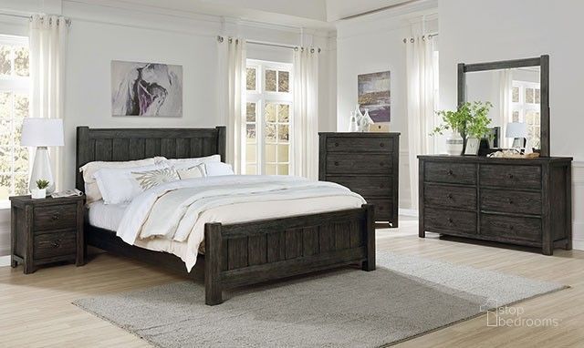 The appearance of Regensburg Dark Gray Panel Bedroom Set designed by Furniture of America in the rustic / southwestern interior design. This gray piece of furniture  was selected by 1StopBedrooms from Regensburg Collection to add a touch of cosiness and style into your home. Sku: FOA7169Q-HB;FOA7169Q-FB;FOA7169Q-R;FOA7169N. Material: Wood. Product Type: Bedroom Set. Bed Size: Queen. Image1