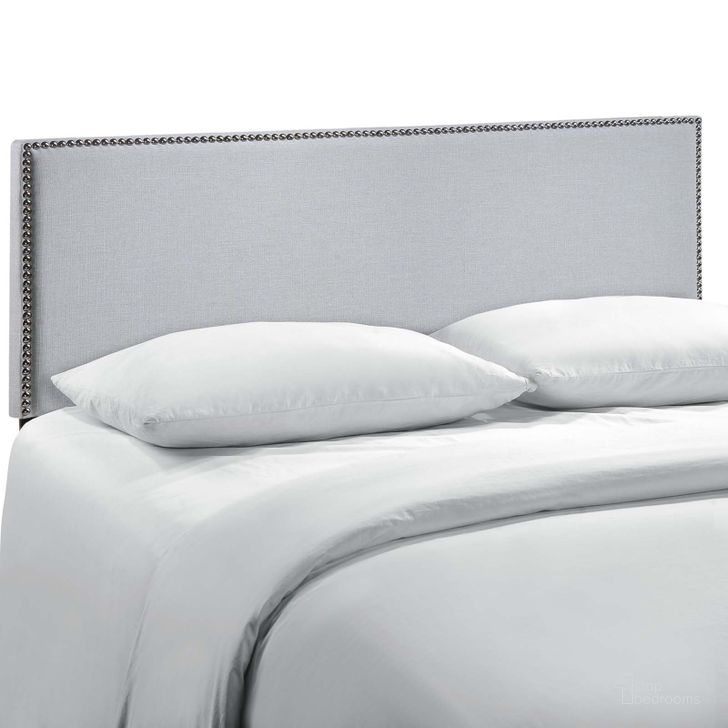 The appearance of Region Sky Gray Nailhead Queen Upholstered Headboard designed by Modway in the modern / contemporary interior design. This sky gray piece of furniture  was selected by 1StopBedrooms from Region Collection to add a touch of cosiness and style into your home. Sku: MOD-5215-GRY. Material: Wood. Product Type: Headboard. Image1