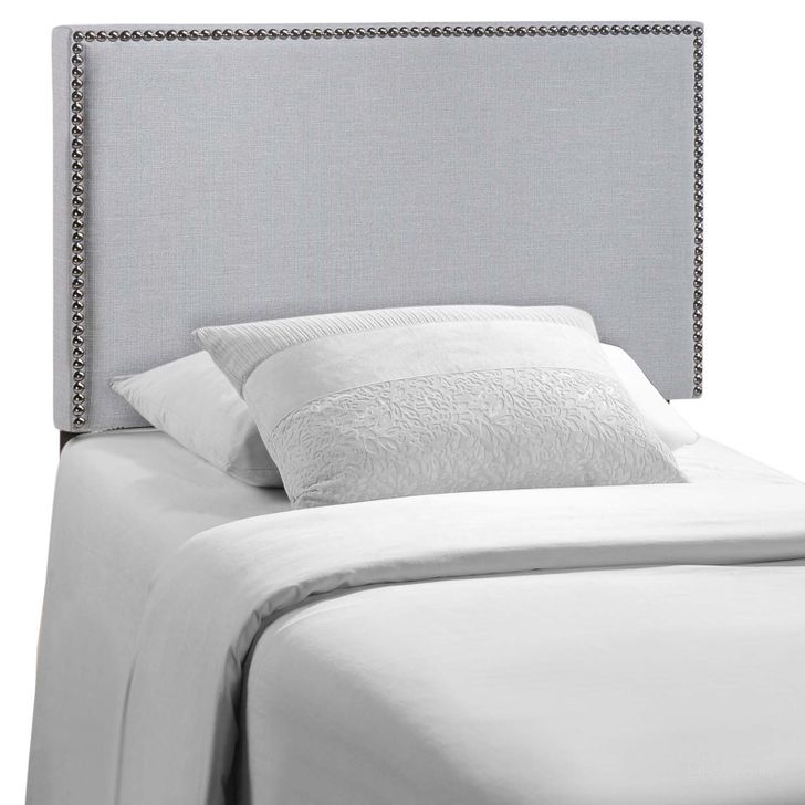 The appearance of Region Sky Gray Nailhead Twin Upholstered Headboard designed by Modway in the modern / contemporary interior design. This sky gray piece of furniture  was selected by 1StopBedrooms from Region Collection to add a touch of cosiness and style into your home. Sku: MOD-5218-GRY. Material: Wood. Product Type: Headboard. Image1