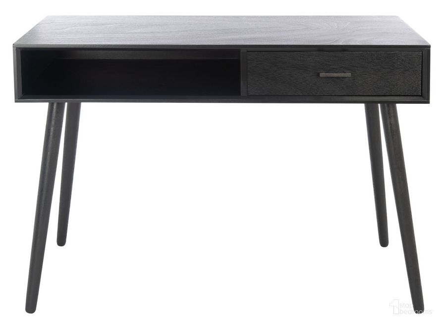 The appearance of Remy 1 Drawer Writing Desk in Black designed by Safavieh in the transitional interior design. This black piece of furniture  was selected by 1StopBedrooms from Remy Collection to add a touch of cosiness and style into your home. Sku: DSK5700B. Material: Wood. Product Type: Writing Desk. Image1