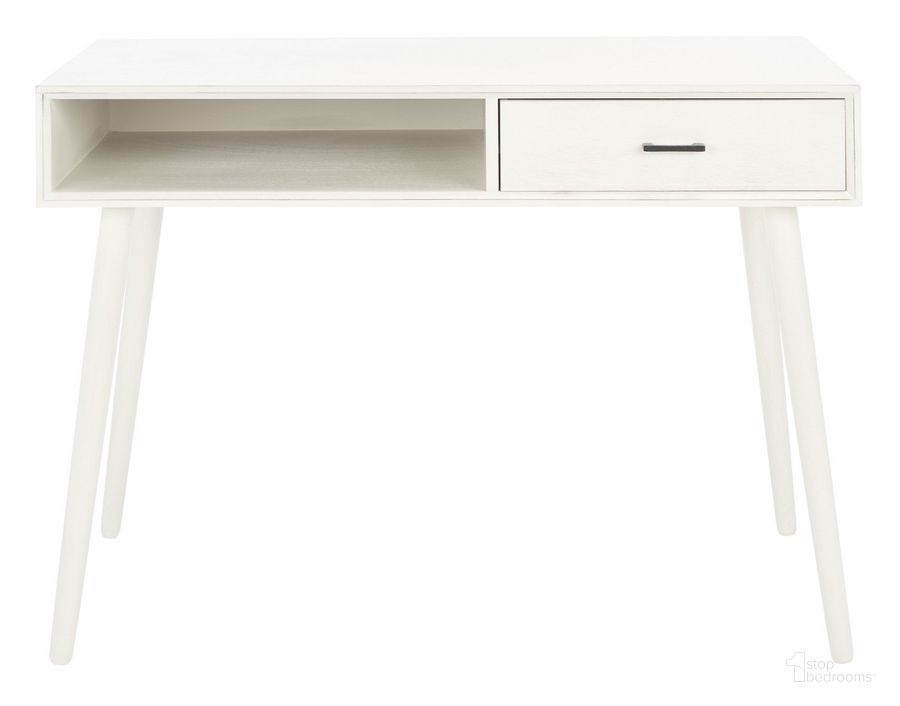 The appearance of Remy 1 Drawer Writing Desk in Distressed White designed by Safavieh in the transitional interior design. This distressed white piece of furniture  was selected by 1StopBedrooms from Remy Collection to add a touch of cosiness and style into your home. Sku: DSK5700A. Material: Wood. Product Type: Writing Desk. Image1