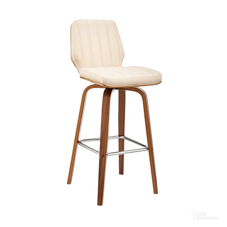 The appearance of Renee 26 Inch Swivel Cream Faux Leather and Walnut Wood Bar Stool designed by Armen Living in the modern / contemporary interior design. This cream piece of furniture  was selected by 1StopBedrooms from Renee Collection to add a touch of cosiness and style into your home. Sku: LCRNBAWACR26. Product Type: Barstool. Material: Poplar. Image1