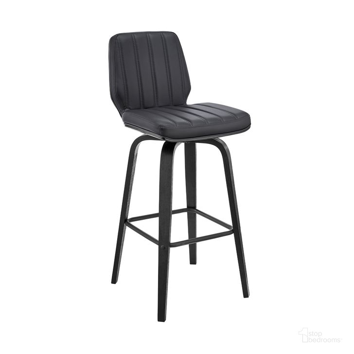 The appearance of Renee 26 Inch Swivel Gray Faux Leather and Black Wood Bar Stool designed by Armen Living in the modern / contemporary interior design. This gray piece of furniture  was selected by 1StopBedrooms from Renee Collection to add a touch of cosiness and style into your home. Sku: LCRNBABLGR26. Product Type: Barstool. Material: Poplar. Image1