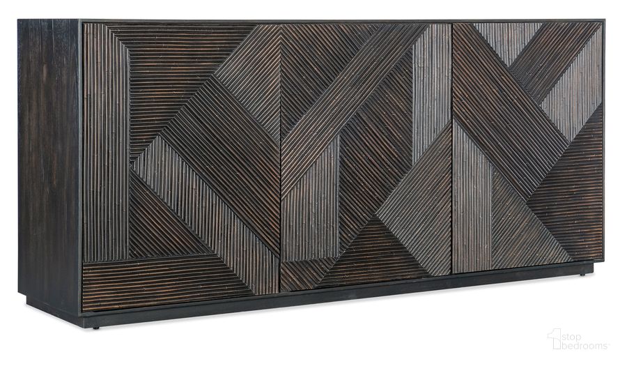 The appearance of Retreat Entertainment Credenza designed by Hooker in the transitional interior design. This black piece of furniture  was selected by 1StopBedrooms from Retreat Collection to add a touch of cosiness and style into your home. Sku: 6950-55572-99. Product Type: TV Stand. Material: Wood Veneer. Image1