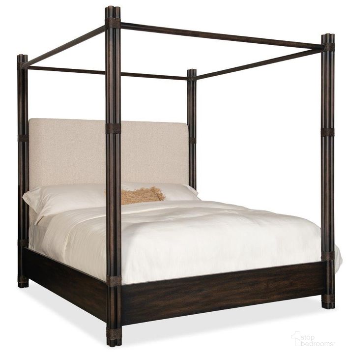 The appearance of Retreat Pole Rattan California King Upholstered Poster Bed with Canopy In Beige designed by Hooker in the transitional interior design. This beige piece of furniture  was selected by 1StopBedrooms from Retreat Collection to add a touch of cosiness and style into your home. Sku: 6950-90460-99. Bed Type: Poster Bed. Product Type: Poster Bed. Bed Size: California King. Material: Wood Veneer. Image1