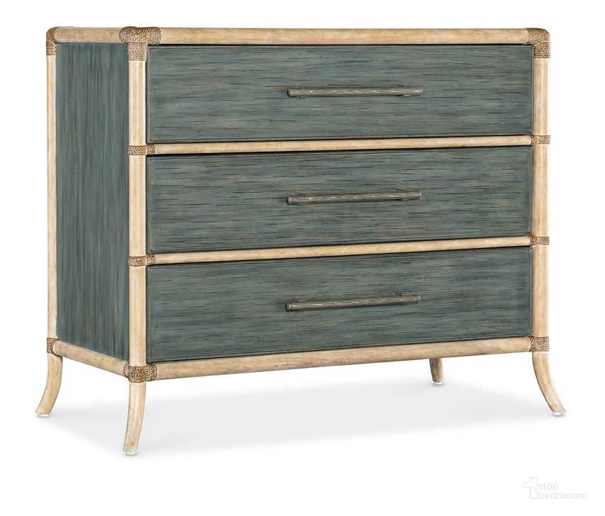 The appearance of Retreat Pole Rattan Chest designed by Hooker in the transitional interior design. This teal piece of furniture  was selected by 1StopBedrooms from Retreat Collection to add a touch of cosiness and style into your home. Sku: 6950-90017-45. Product Type: Chest. Material: Wood Veneer. Image1