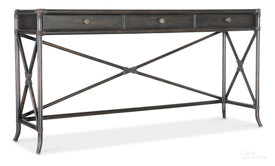 The appearance of Retreat Pole Rattan Console designed by Hooker in the transitional interior design. This black piece of furniture  was selected by 1StopBedrooms from Retreat Collection to add a touch of cosiness and style into your home. Sku: 6950-80171-99. Product Type: Console Table. Material: Wood Veneer. Image1